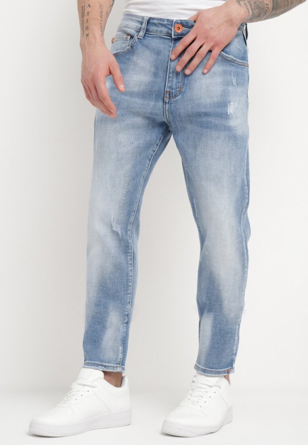 Niebieskie Jeansy Skinny z Przeszyciami z Kieszeniami i Suwakiem Skili