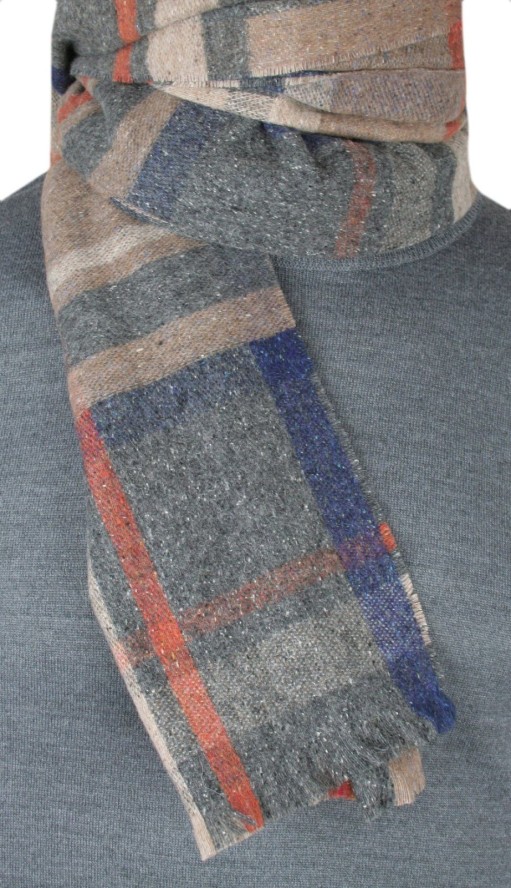 Męski Szalik z Wełną i Jedwabiem - V. Fraas - Popiel, Beż i Pomarańcz