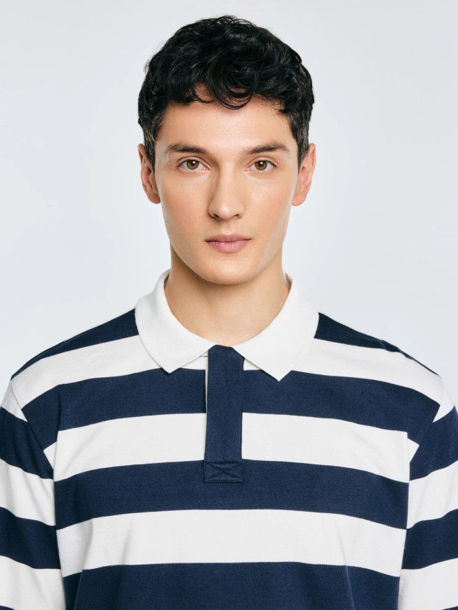 Koszulka męska polo z długim rękawem w pasy granatowo-białe Miker 100