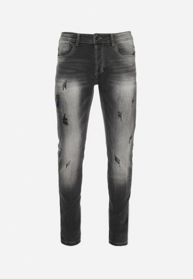 Ciemnoszare Dopasowane Jeansy z Efektem Sprania i Drobnymi Przetarciami Nodelara