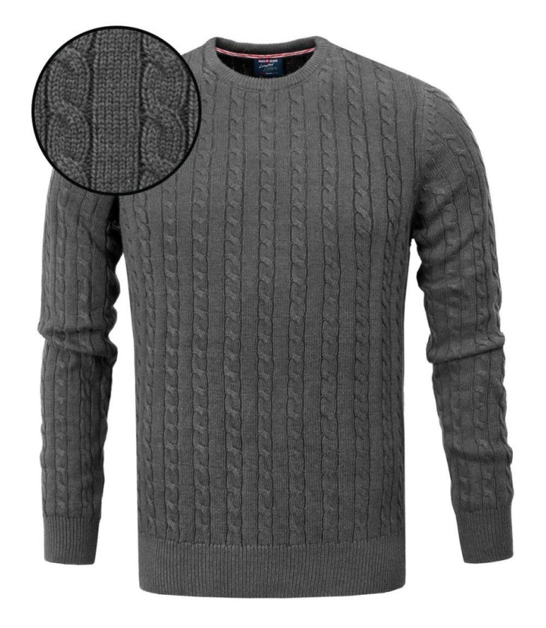 Bawełniany Sweter Męski - Pako Jeans - Splot Warkoczowy - Grafit