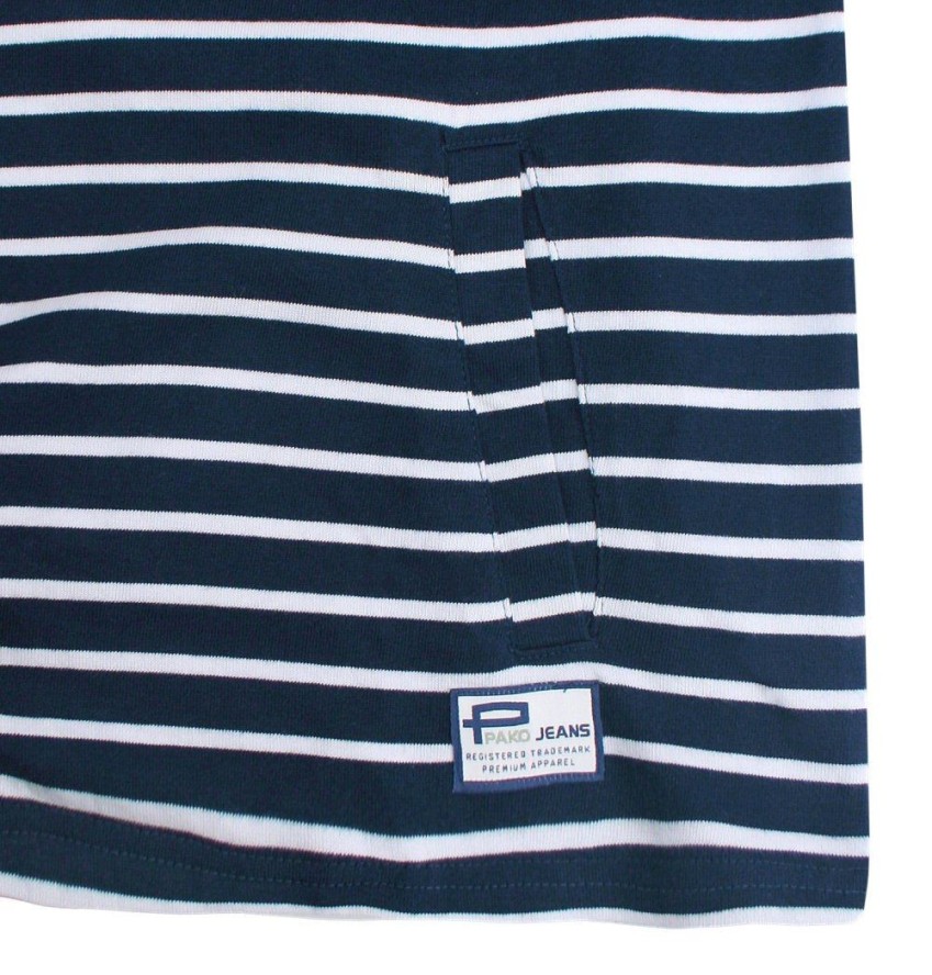 Lekka i Cienka Bluza z Kapturem (Kangurka) - Pako Jeans - Granatowa w Prążek