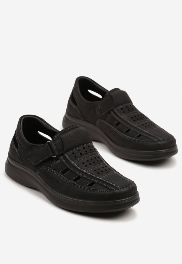 Czarne Półbuty z Ażurową Cholewką z Zapięciem na Rzepy Ravatelle