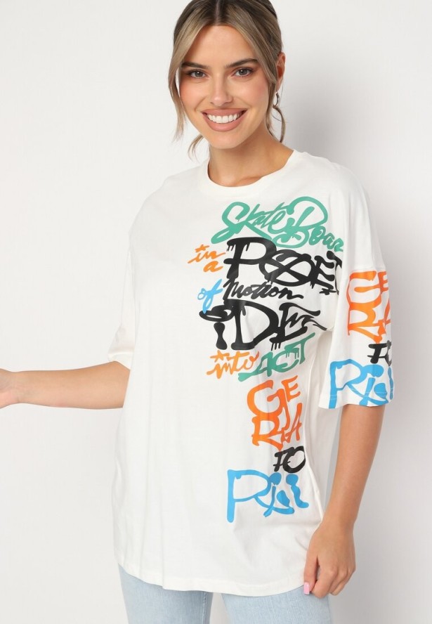 Biała Koszulka z Bawełny Ozdobiona Nadrukiem Halconie