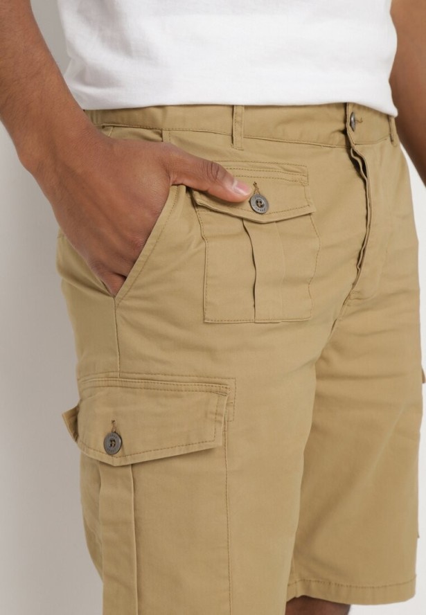 Ciemnobeżowe Bawełniane Szorty Typu Bojówki z Kieszeniami Zapinanymi na Napy Tiasola