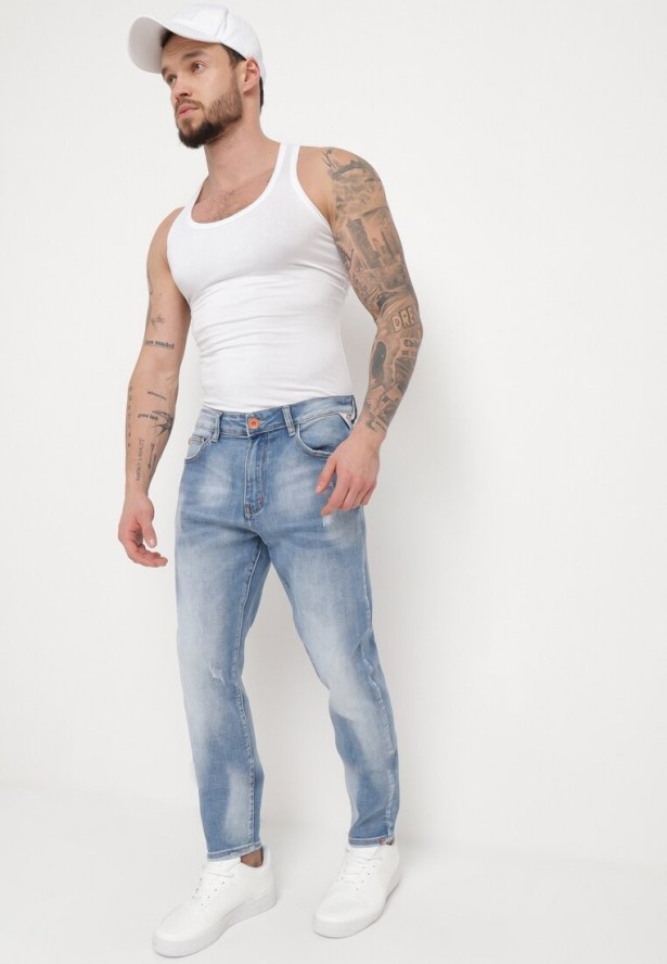 Niebieskie Jeansy Skinny z Przeszyciami z Kieszeniami i Suwakiem Skili