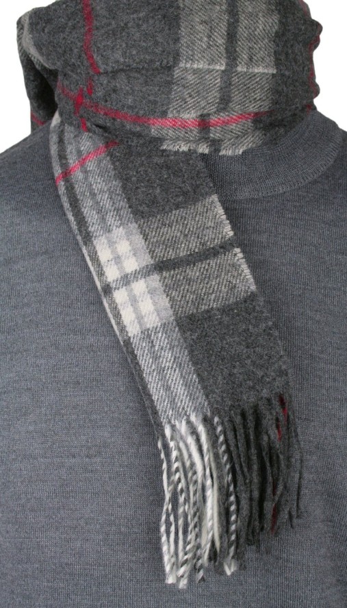 Szalik Męski, Szary w Kratkę, Jesienno-Zimowy z Frędzlami, Ciepły -V. FRAAS