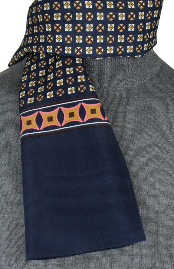 Męski Szalik Elegancki Miękki, Dwustronny, Śliski - ALTIES - Granat ze Wzorem