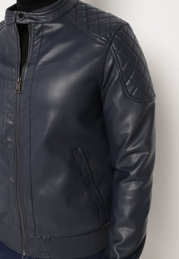 Granatowa Ramoneska Kurtka w Stylu Motocyklowym ze Stójką Tinina