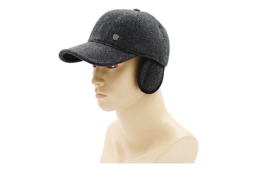 Czapka z Nausznikami, Popielata w Drobny Wzór z Daszkiem, Jesienno-Zimowy -Pako Jeans