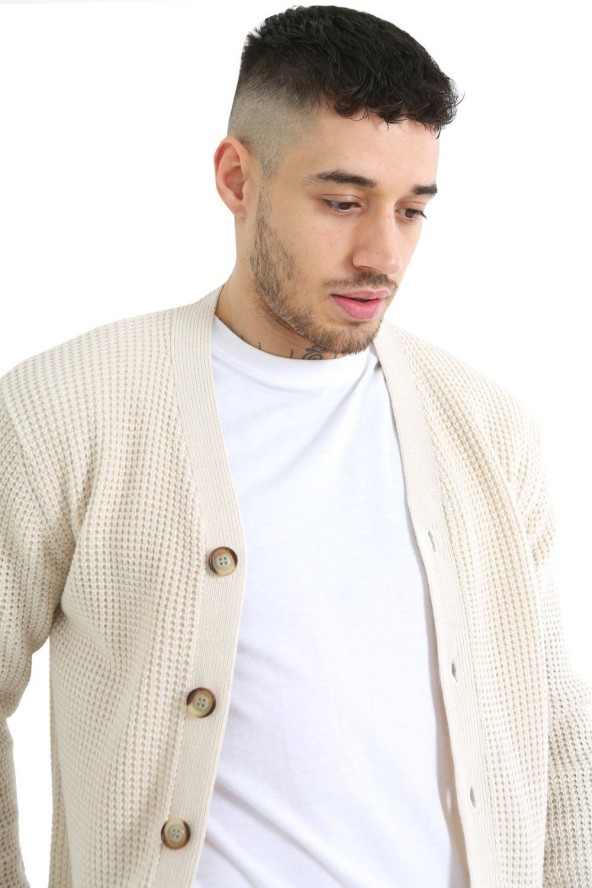 Dziergany Kardigan, Beżowy, Kremowy Sweter Zapinany na Guziki z Kieszonkami, Elegancki -BRAVE SOUL