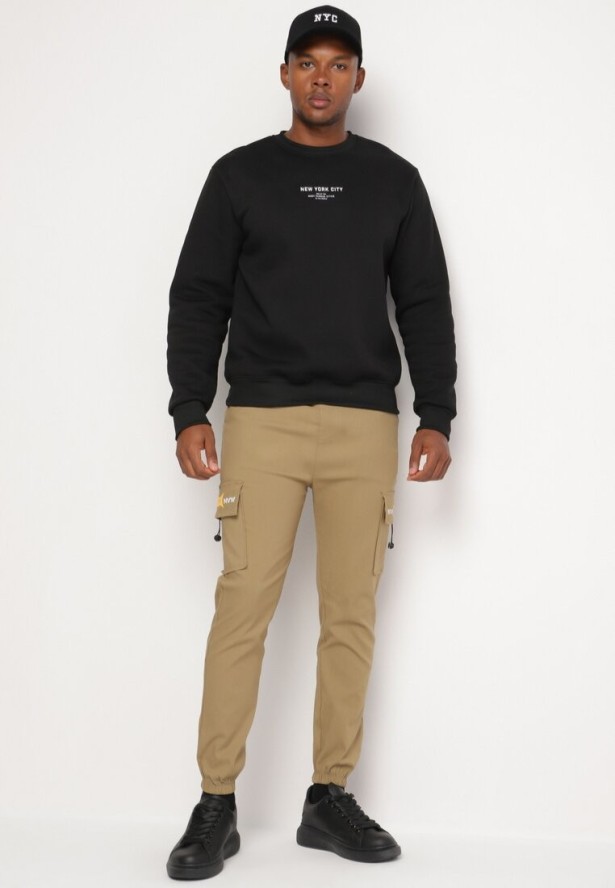 Ciemnobeżowe Spodnie Cargo z Bawełną Ozdobione Napisem i Gumką w Pasie Tarionna