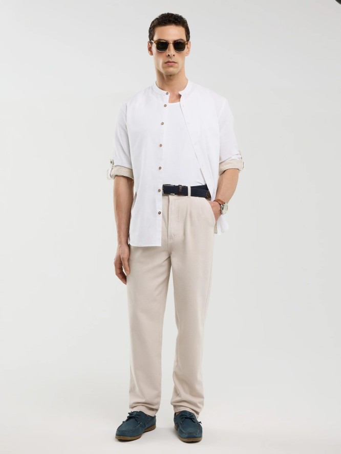 Lniana koszula męska na stójce biała Janew 101