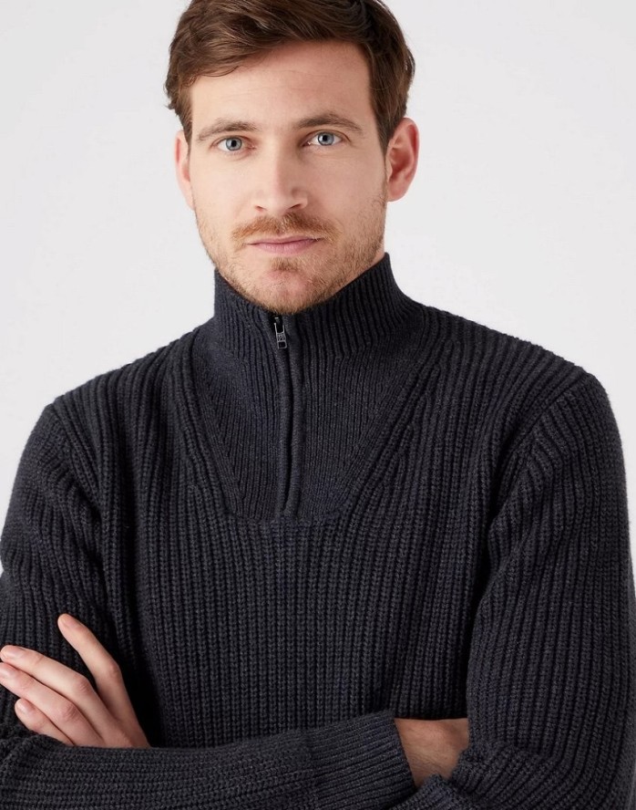 WRANGLER HALF ZIP KNIT MĘSKI SWETER KLASYCZNY ROZPINANY LOGO DARK GREY W8D0PJX06 112321333