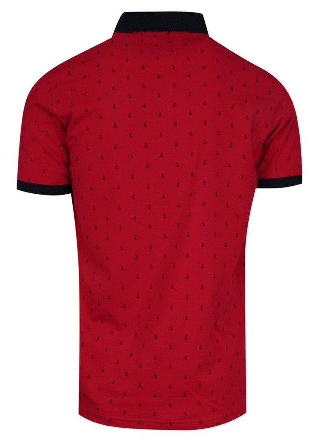 Koszulka POLO, Czerwona w Kotwice, Wzór Marinistyczny, Męska, Casualowa, Krótki Rękaw, T-shirt